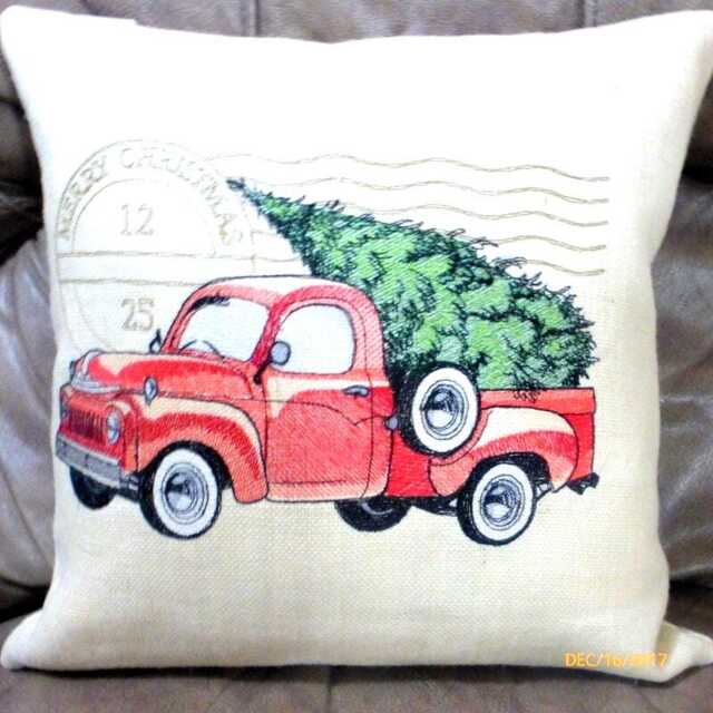 Embroidered Red Truck Christmas Pillow Cover Burlap Or Canvas - image 1