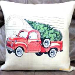 Embroidered Red Truck Christmas Pillow Cover Burlap Or Canvas - thumbnail 1
