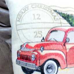 Embroidered Red Truck Christmas Pillow Cover Burlap Or Canvas - thumbnail 2