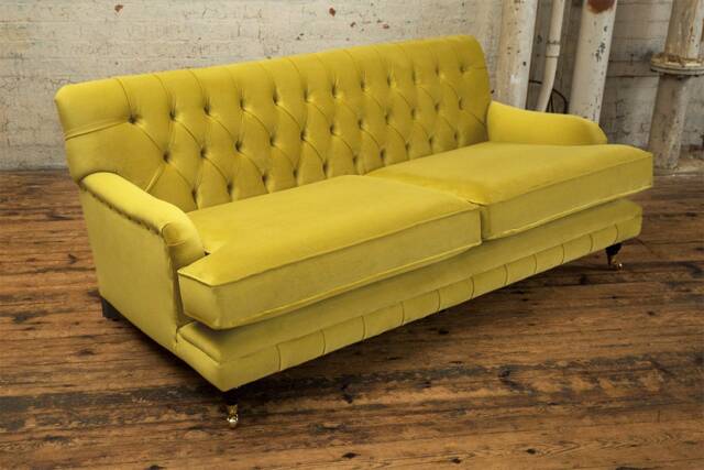 3 Seater Yellow Velvet Fabric Chesterfield Sofa, Retro Low Design, British Handmade - image 1