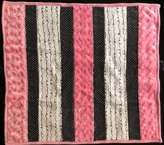 Handmade Modern Baby Minky Blanket Pink & Black With Doodles Burp Cloth - image 1