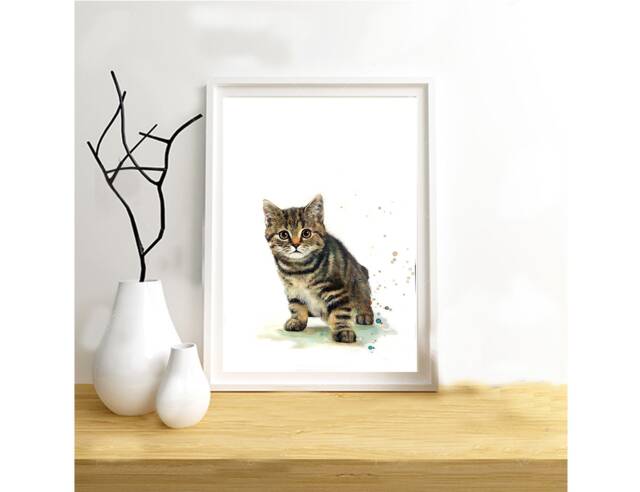 Illustration Of A Kitten, Printing On Drawing Paper, Mixed Techniques Animal Painting - image 1