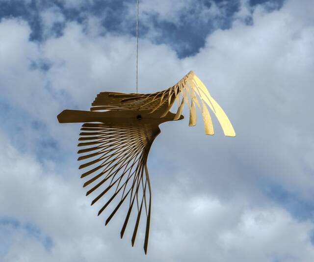Large Kinetic Brass Bird Sculpture, Golden Hanging Metal Art, Kirigami Inspired Mobile - image 1