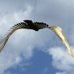 Large Kinetic Brass Bird Sculpture, Golden Hanging Metal Art, Kirigami Inspired Mobile - thumbnail 3