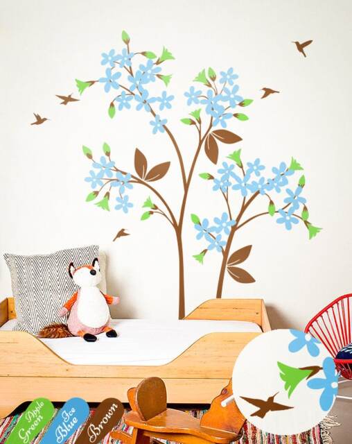 Tree Wall Decal Large Tree Decals Cute Floral Art Sticker With Blossoms Humming Birds Mural Kw012 - image 1