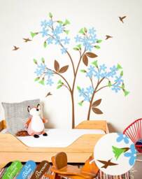 Tree Wall Decal Large Tree Decals Cute Floral Art Sticker With Blossoms Humming Birds Mural Kw012 - thumbnail 1
