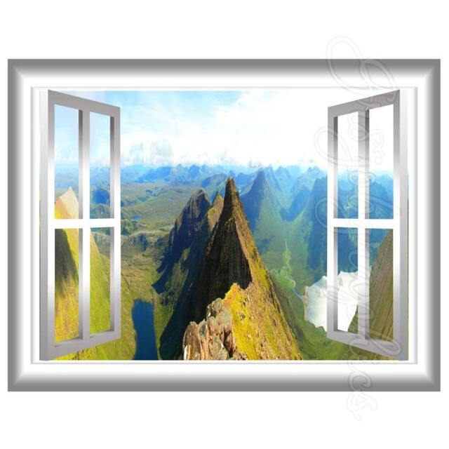 Mountain Wallscape 3D View Peel & Stick Aerial Wall Decal Landscape Window Frame Gj03
