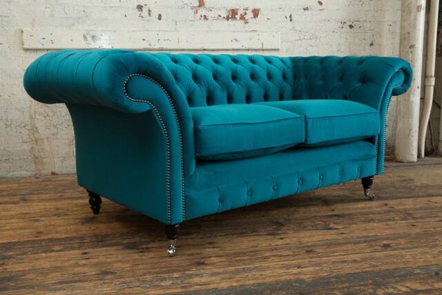 British Handmade 2 Seater Blue Teal Velvet Fabric Chesterfield Sofa - image 1