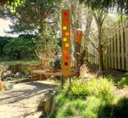 Garden Sculpture Made Of Wood & Glass. A Unique, Handmade, Weatherproof Garden Decoration