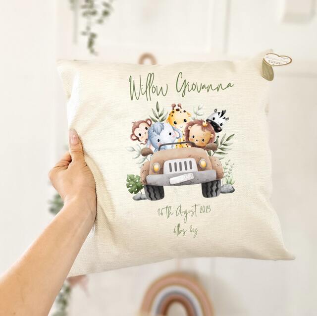 Personalised Cushion, Safari Nursery, Blanket, New Baby Gift, Christmas Gifts, Baby Shower Gifts, Newborn Announcement - image 1