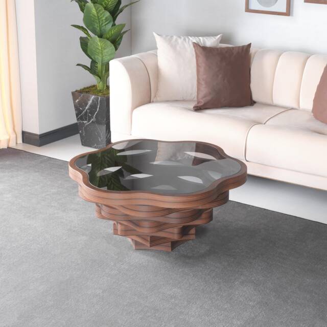 Natural Walnut Coffee Table With Smoked Glass Top - Daisy Model - image 1