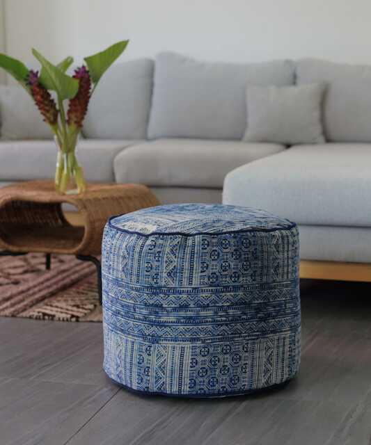 Indigo Batik Ottoman Pouf - Blue White Floor Cushion With Optional Natural Kapok Fill - image 1