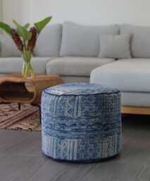 Indigo Batik Ottoman Pouf - Blue White Floor Cushion With Optional Natural Kapok Fill - thumbnail 1