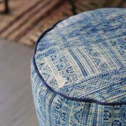 Indigo Batik Ottoman Pouf - Blue White Floor Cushion With Optional Natural Kapok Fill - thumbnail 4