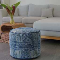 Indigo Batik Ottoman Pouf - Blue White Floor Cushion With Optional Natural Kapok Fill - thumbnail 2