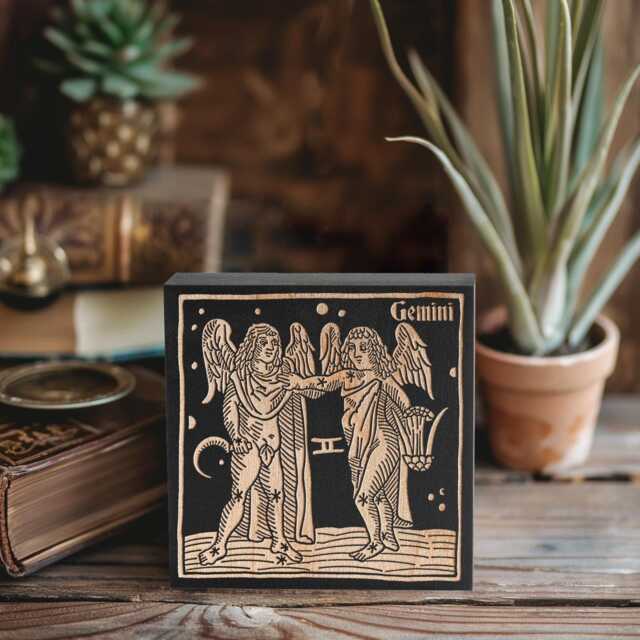 Gemini Zodiac Engraved Birch Wood Panel - Block Print Style Wall Art, Astrology Sign Illustration, Astrological Decor Gift - image 1