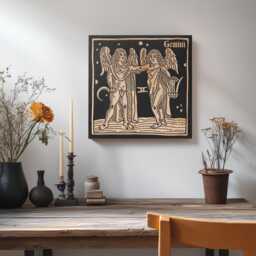 Gemini Zodiac Engraved Birch Wood Panel - Block Print Style Wall Art, Astrology Sign Illustration, Astrological Decor Gift - thumbnail 2