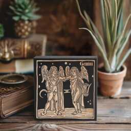 Gemini Zodiac Engraved Birch Wood Panel - Block Print Style Wall Art, Astrology Sign Illustration, Astrological Decor Gift - thumbnail 1