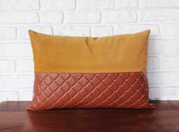 Cognac Embroidered Faux Leather & Half Mustard Color Velvet Pillow Cover/Car Pillows-Yacht Cushions-Yacht Decor/Housewarming Gift-1Qty