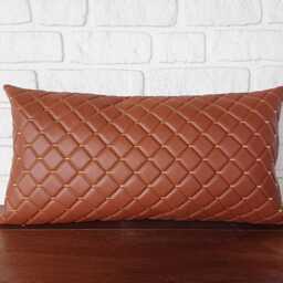 Cognac Embroidered Faux Leather & Half Mustard Color Velvet Pillow Cover/Car Pillows-Yacht Cushions-Yacht Decor/Housewarming Gift-1Qty - thumbnail 2