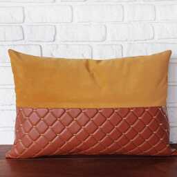 Cognac Embroidered Faux Leather & Half Mustard Color Velvet Pillow Cover/Car Pillows-Yacht Cushions-Yacht Decor/Housewarming Gift-1Qty - thumbnail 3