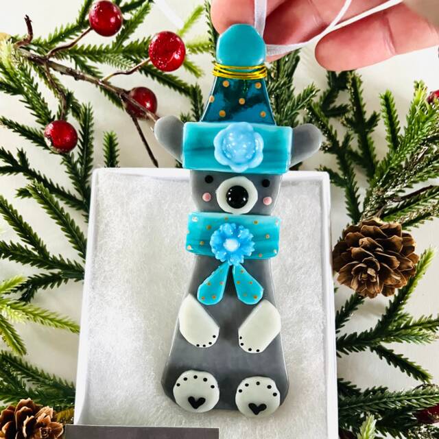 Fused Glass Teddy Bear Christmas Decoration, Ornament, Cornwall, Cornish Fused Glass - image 1