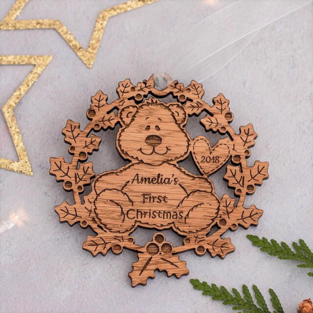Baby First Wooden Bear First Christmas Ornaments Personalised Baby Gifts Wreath Decorations Custom Girl Gift Boy - image 1