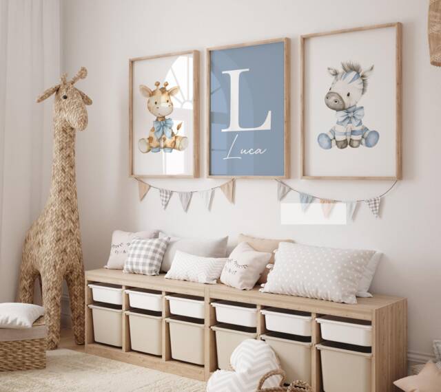 Blue Animal Nursery Prints Safari Decor, Set Of 3, Personalised - image 1