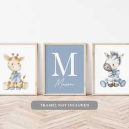 Blue Animal Nursery Prints Safari Decor, Set Of 3, Personalised - thumbnail 3
