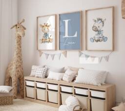 Blue Animal Nursery Prints Safari Decor, Set Of 3, Personalised - thumbnail 1