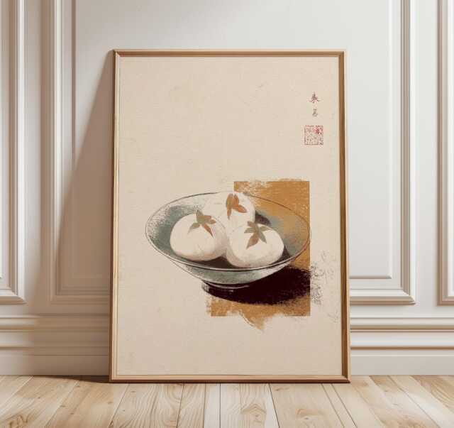 Japanese Sweet Bun Art Print, Minimalist Kitchen Wall Art, Wabi Sabi Food Illustration, Asian Dessert Poster, Zen Beige Dining Decor - image 1