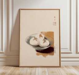 Japanese Sweet Bun Art Print, Minimalist Kitchen Wall Art, Wabi Sabi Food Illustration, Asian Dessert Poster, Zen Beige Dining Decor - thumbnail 1