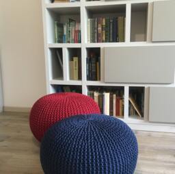 Crochet Blue/Sapphire Pouf, Round Stuffed Ottoman, Large Knitted Ottomans, Floor Nursery Footstool Knitted Pouf