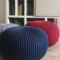 Crochet Blue/Sapphire Pouf, Round Stuffed Ottoman, Large Knitted Ottomans, Floor Nursery Footstool Knitted Pouf - thumbnail 2