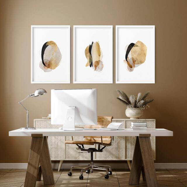 Mid Century Mode Set Of 3 Framed Wall Art Prints For A Minimal Office Desk Decor, Large Contemporary Abstract Painting Gallery - image 1