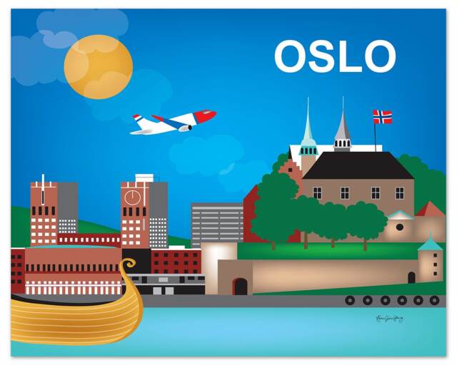 Oslo Skyline Print, Norway Travel Wall Art Gift, Horizontal Oslo, Blue Scandinavian Wall Decor, Loose Petals, Style - E8-O-Osl - image 1