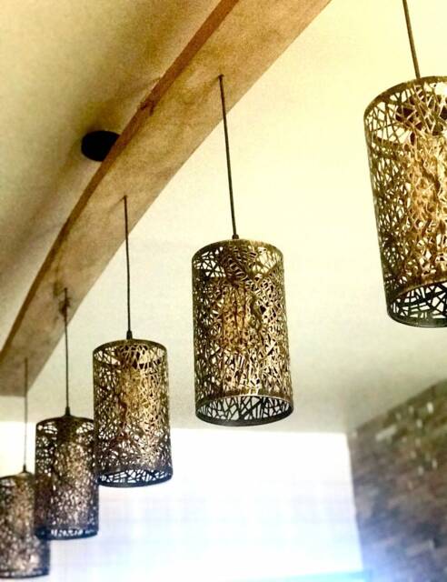 Rustic Wooden Beam Ceiling Pendant Light, Reclaimed Wood With 5 Hanging Moroccan Style Brushed Copper Drum Shades, Waxed Polished Finish - image 1