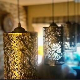 Rustic Wooden Beam Ceiling Pendant Light, Reclaimed Wood With 5 Hanging Moroccan Style Brushed Copper Drum Shades, Waxed Polished Finish - thumbnail 2