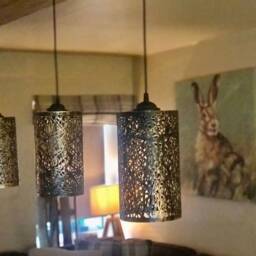 Rustic Wooden Beam Ceiling Pendant Light, Reclaimed Wood With 5 Hanging Moroccan Style Brushed Copper Drum Shades, Waxed Polished Finish - thumbnail 3