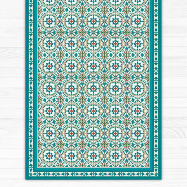 Turquoise Vinyl Floor Mat With Decorative Spanish Tiles Pattern. PVC Area Rug, Kitchen Printed On Linoleum - image 1