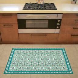 Turquoise Vinyl Floor Mat With Decorative Spanish Tiles Pattern. PVC Area Rug, Kitchen Printed On Linoleum - thumbnail 2