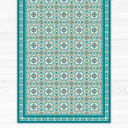 Turquoise Vinyl Floor Mat With Decorative Spanish Tiles Pattern. PVC Area Rug, Kitchen Printed On Linoleum