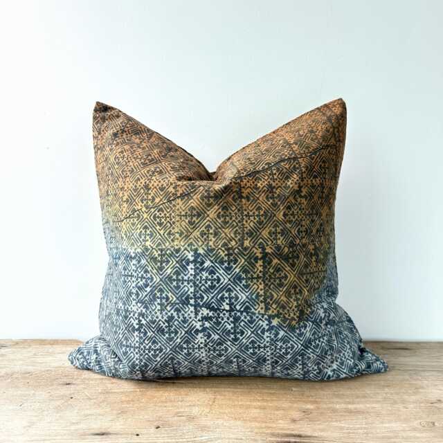 Handmade Hmong Pillow Cover Brown & Indigo Block Print Cushion - 20 Inch - image 1