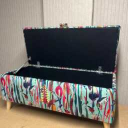 Handmade Botanical Velvet Storage Bench Floral Ottoman, Wooden Legs - thumbnail 3