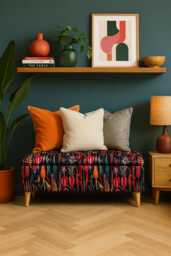 Handmade Botanical Velvet Storage Bench Floral Ottoman, Wooden Legs
