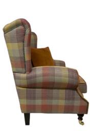 Queen Anne Wingback Chair Spice Tartan Fabric, Brass Castor Legs - thumbnail 2