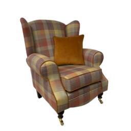 Queen Anne Wingback Chair Spice Tartan Fabric, Brass Castor Legs