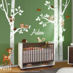 Birch Trees & Animals Wall Decal, Woodland Sticker For Nursery Kids Room Decor, Owls Squirrels - thumbnail 2