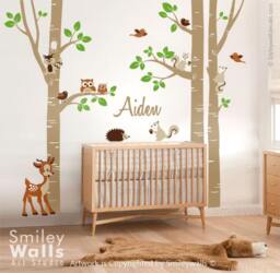 Birch Trees & Animals Wall Decal, Woodland Sticker For Nursery Kids Room Decor, Owls Squirrels