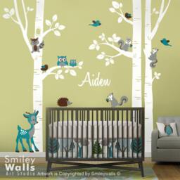 Birch Trees & Animals Wall Decal, Woodland Sticker For Nursery Kids Room Decor, Owls Squirrels - thumbnail 3